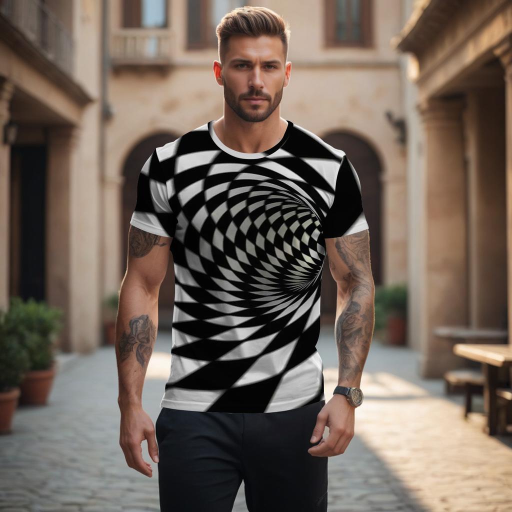 Summer Round Neck 3D Black Hole Visual Illusion Print Top Fashionable Casual Short Sleeved Men's T-shirts