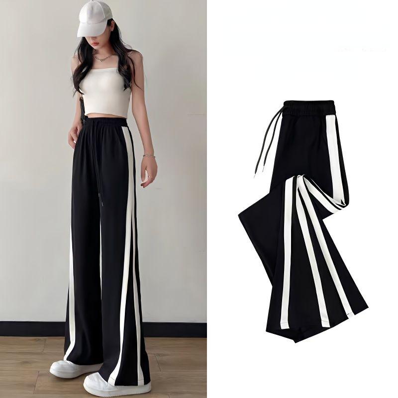 Loose Straight Sport Pants with High Waist and Striped Hem, Casual Baggy Trousers