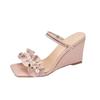Fairy Wind Ruffle Edge Pearl Two Wear Wedge Sandals with Skirt Square Head High Heel Open Toe Word with Roman Sandals