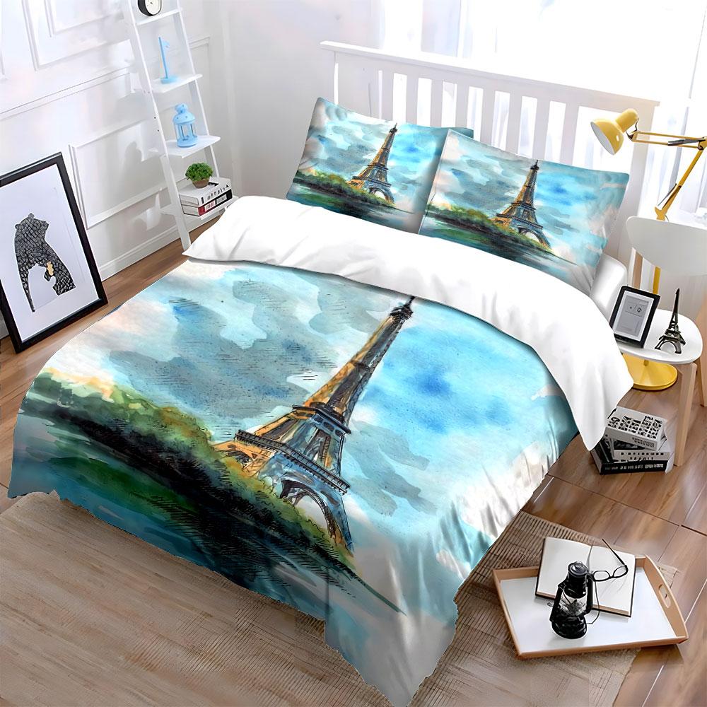 Watercolor Eiffel Tower Print Bedding Duvet Cover Set Duvet Cover Pillowcases (1*Duvet Cover 2*Pillowcases, without duvet insert)