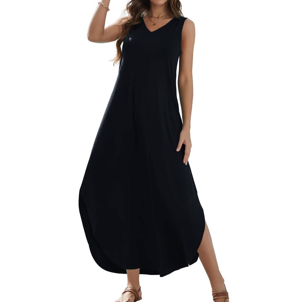 Women's 2024 Summer Casual Loose Sundress Long Dress Solid Color Sleeveless V Neck Split Tshirt Maxi Dresses