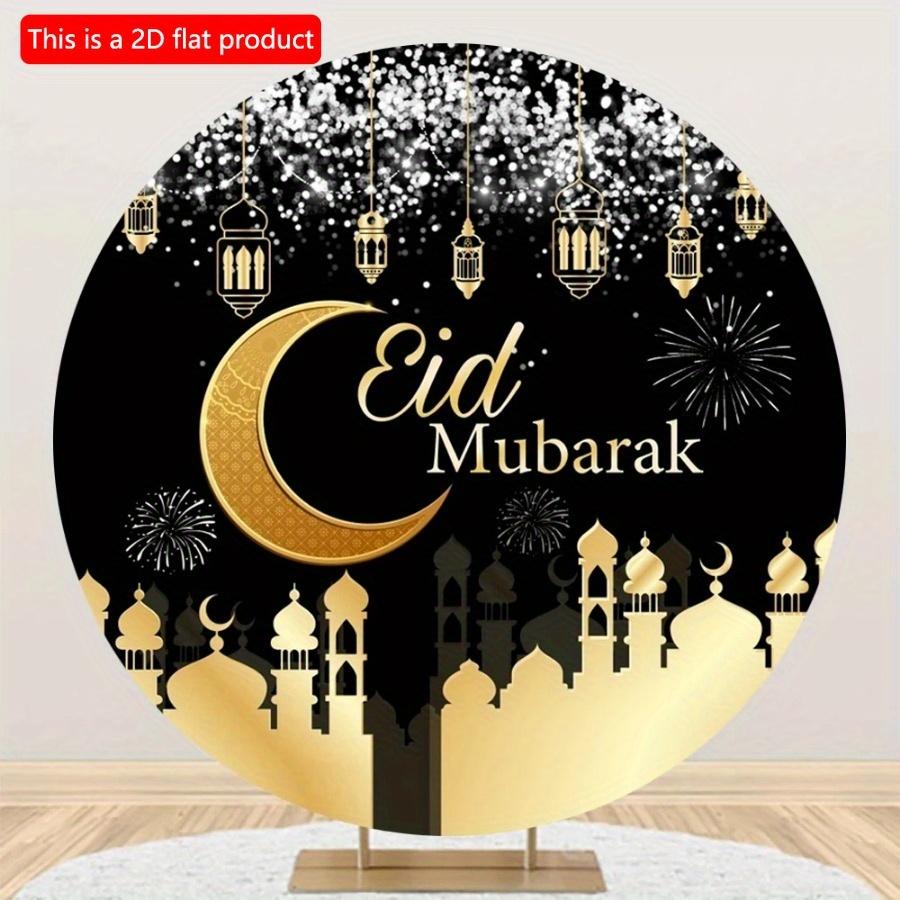 2D Flat 20*20cm1pc Eid Mubarak Black Gold Moon Fireworks Background Good Quality Round Wooden Pendant, Celebrate Eid Ceiling Hanging Ornament, Islam