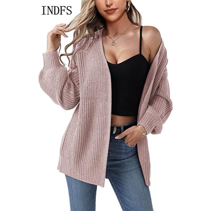 INDFS Женская мода Повседневный Осень Зима Однотонный Принт Длинный Рукав V-образный Вырез Свитера
