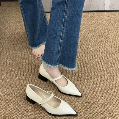 Остроносые маленькие кожаные туфли женские 2024 новая весна толстый каблук низкий каблук высокий каблук ретро французский темперамент Мэри Джейн туфли-лодочки