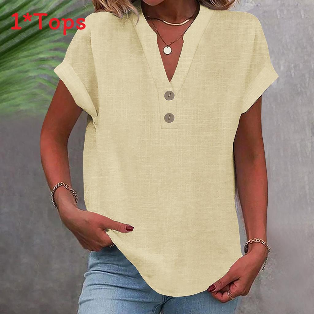 Summer Women Shirt With Stand Collar Short Sleeve Cotton Blended Fabric For Casual Wear