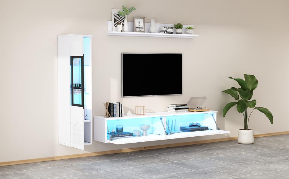 TV Wall Unit Set 3-Piece LED Lighting High Gloss White Living Room Furniture, Frontal 1 x TV Cabinet, 1 x Living Room Display Cabinet, 1 x Wall Shelf