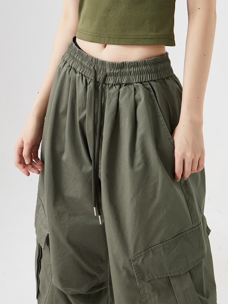 Women Big Pockets Cargo Pants Y2k High Elastic Waist Drawstring Baggy Trousers Vintage Casual Loose Wide Leg Straight Pants