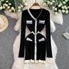 Spring Autumn Women V-neck Full Sleeve Knitted Sweater Mini Short Sheath Pullover Dresses