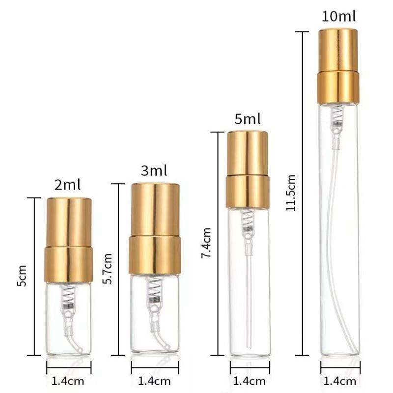 Мини-стеклянные флаконы-распылители для парфюмерии 2мл 3мл 5мл 10мл с золотой распылительной головкой, пустые косметические флаконы, многоразовые атомайзеры, пробники