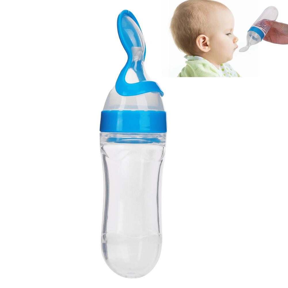 90ml Silicone Baby Toddler Feeding Bottle with Spoon Fresh Food Cereal Squeeze FeederBlue