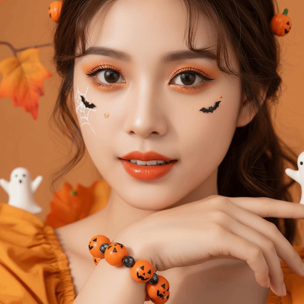 Elastic Halloween Bracelet Stretchy Wood Wristband Spooky Charm Pumpkin Beads Bracelet Couples
