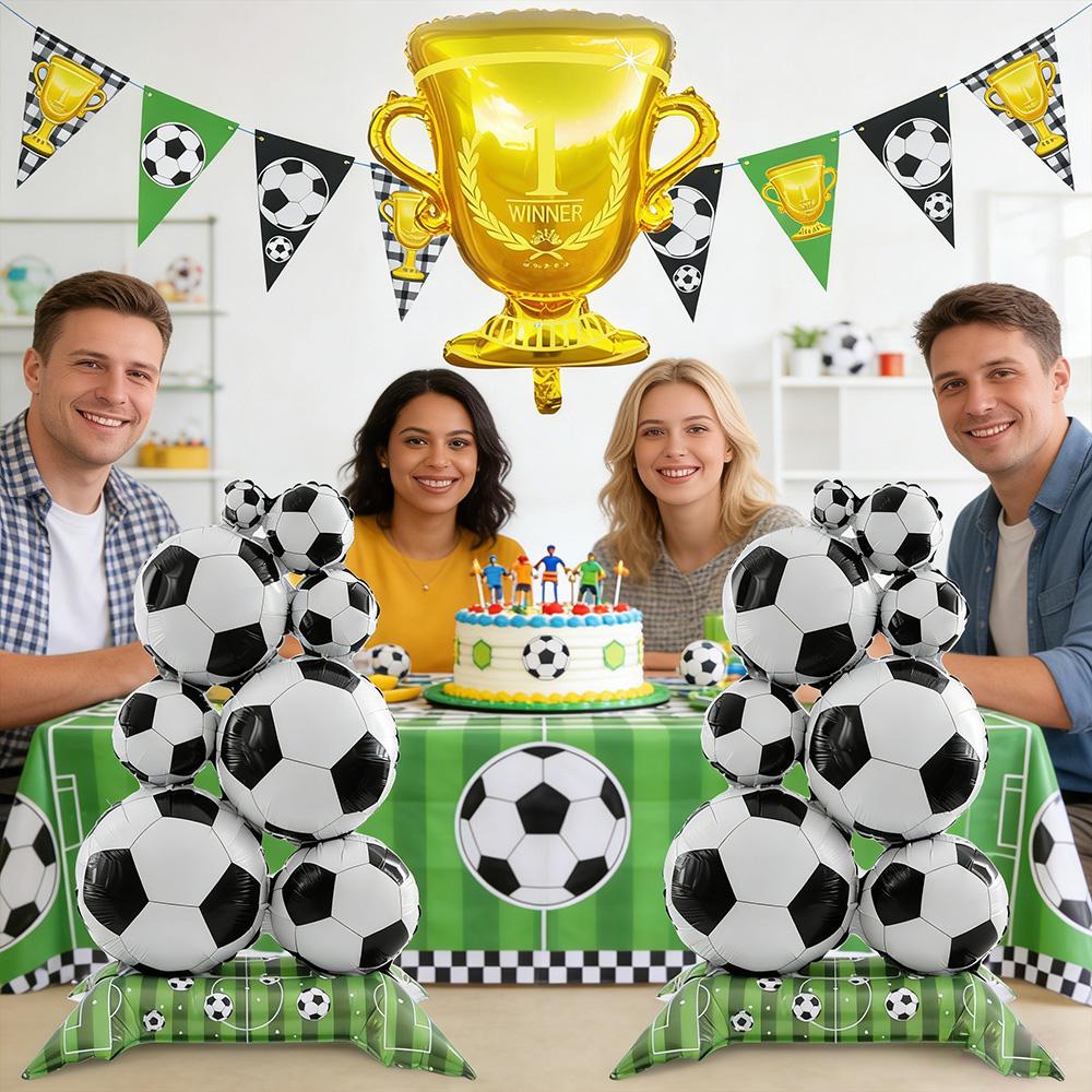 3Pcs Soccer Theme Foil Balloon Set, Giant Standing Football Stack & Golden Champion Trophy Mylar Balloons, Aesthetic Sports Even