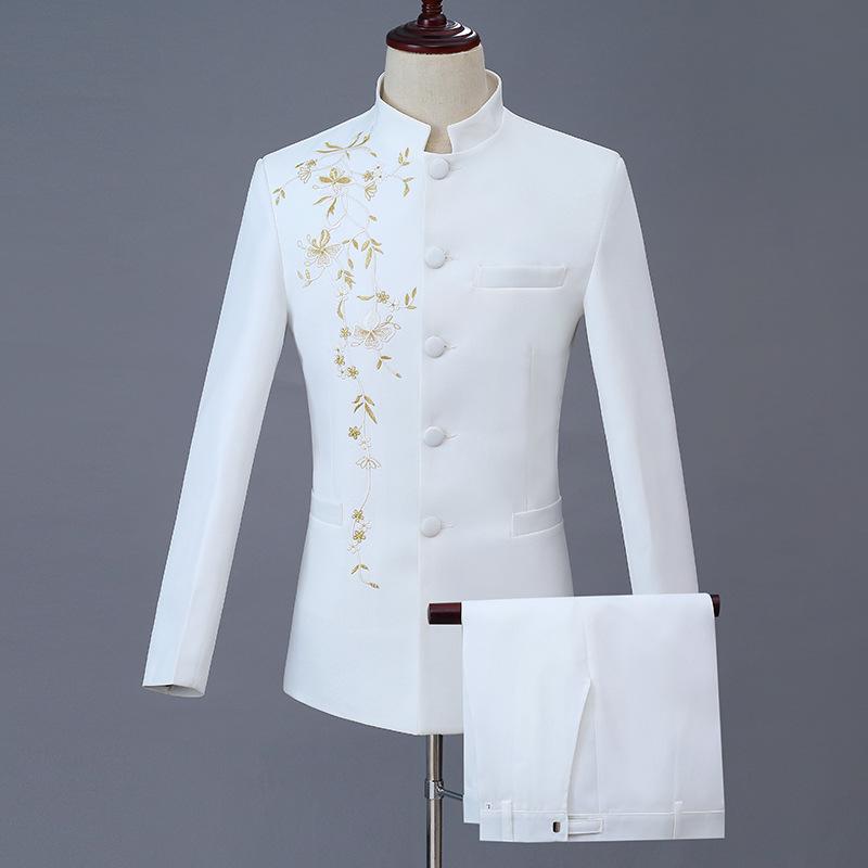 New Men's Gold Embroidered Zhongshan Suit - Stand Collar Performance & Wedding Outfit