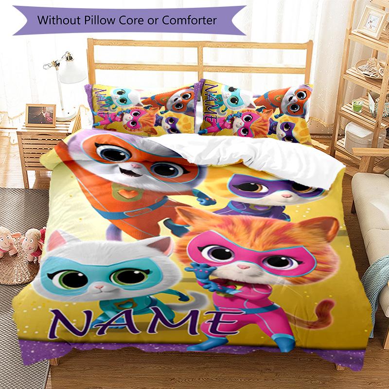 3pcs Super Kitties Adventures1 Cover Set - Personalized Name, HD Printed Bedding with 1 Cover and 2 Pillowcases - Perfect for Home Decor, Easy C