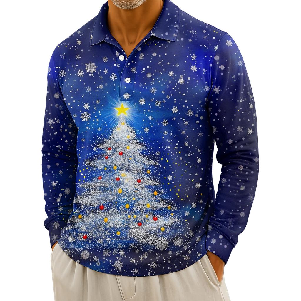 Men's Casual Christmas Print Button Long Sleeve Shirt