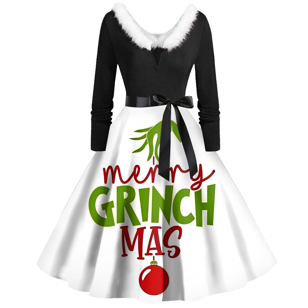 Women's Casual And Fashionable Long Sleeved V-neck Print Matching Zipper Dress