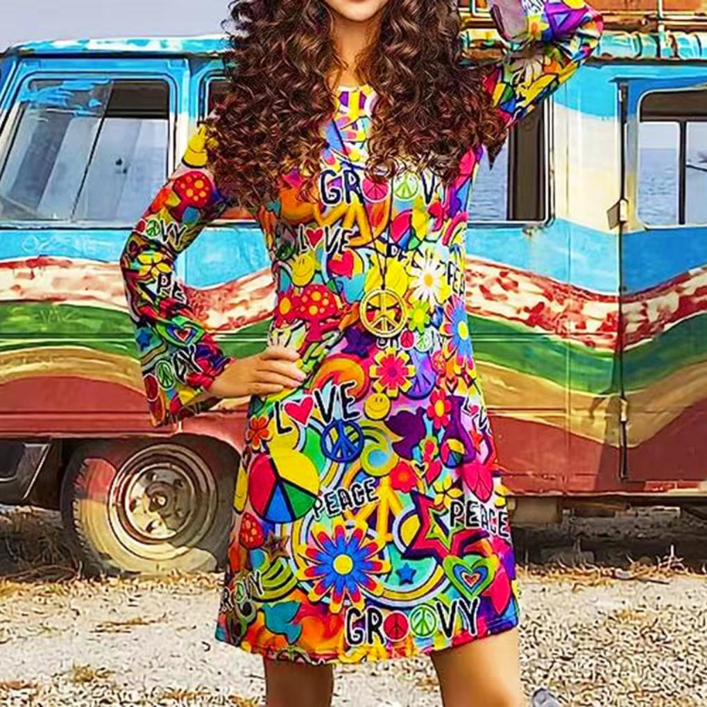 GMXIA Женская мода лето весна хиппи принт длинный рукав О-образный вырез высокая талия повседневные платья
