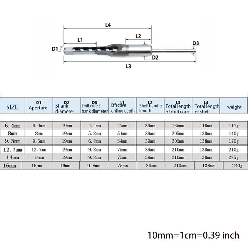 Multi-purpose Square Hole Drill Bit Steel Hardness for Sharp Durable Mortising Chisel Set 6.4 mm/8mm/9.5mm/12.7mm/14mm/1