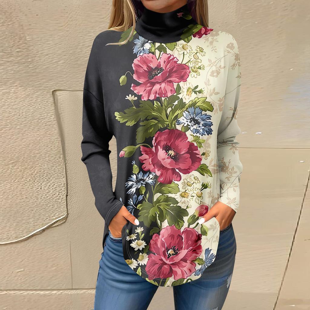 Футболки для женщин, осенние повседневные рубашки с длинными рукавами, толстовка с винтажным принтом, топ с высоким воротом, пуловер