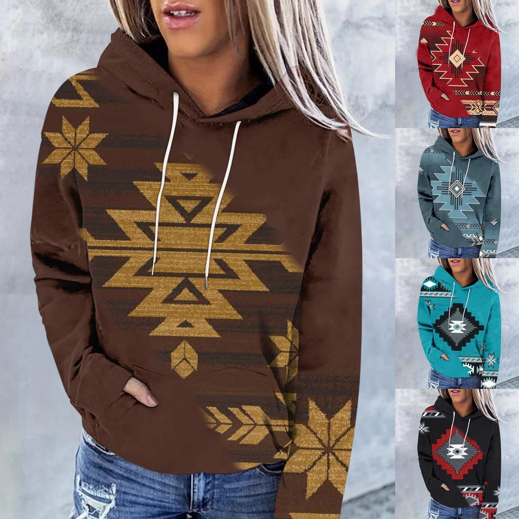 Women's Fashion Casual Ethnic Style Printed Long Sleeved Hooded Sweater Top