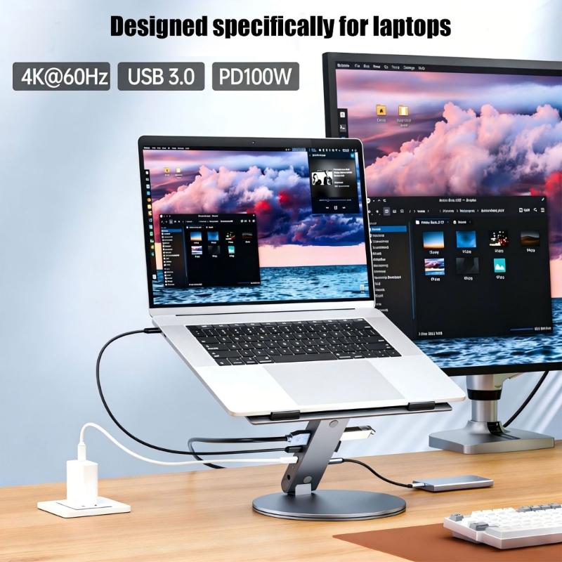 Регулируемая по высоте алюминиевая подставка для ноутбука с прилагаемым USB Type-C кабелем, обеспечивающим быструю зарядку 100 Вт и быструю передачу данных по USB