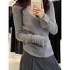 Grey Collar Leaking Collarbone Top Women's Spring Niche Horn Sleeve Inner Knitted Sweater Slim Primer Sweater