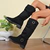Women's Boots Round Toe Square Heel Belt Buckle High Boots National Style Retro All-match Plus-size Autumn Winter Female Boots