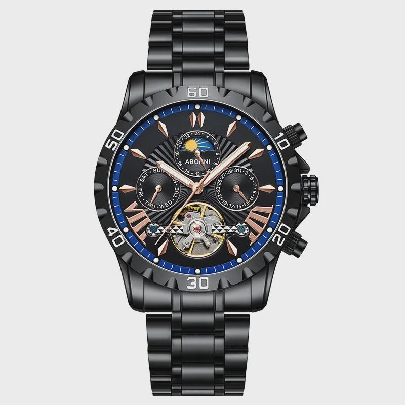 Men Business Casual Mechanical Watch Calendar Week Moon Phase Multifunctional Waterproof Luminous Stainless Steel Wristwatch