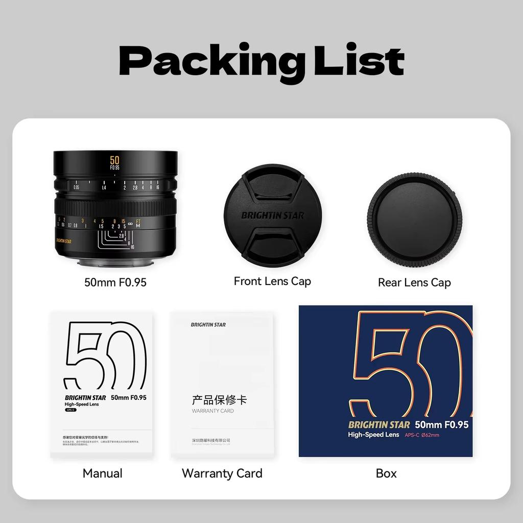%^% Объектив для беззеркальной цифровой камеры Brightin Star 50mm F0.95 APS-C Портретный для Sony E Fujifilm XF для Canon M Nikon Z для Cano