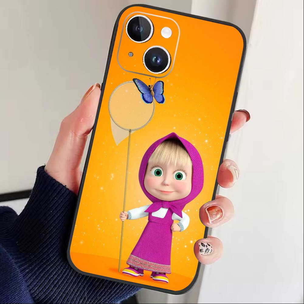 Милый Чехол для Телефона Маша и Медведи Для iPhone 17 16 15 14 13 12 Max Plus Силиконовый Черный Чехол