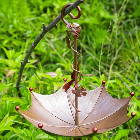 Hanging Birds Feeder for Outdoors Umbrella Shaped Birds Feeder Tray with Dragonfly/Butterfly/Honeybee Metal Wild Birds Bath for Garden Backyard Decor