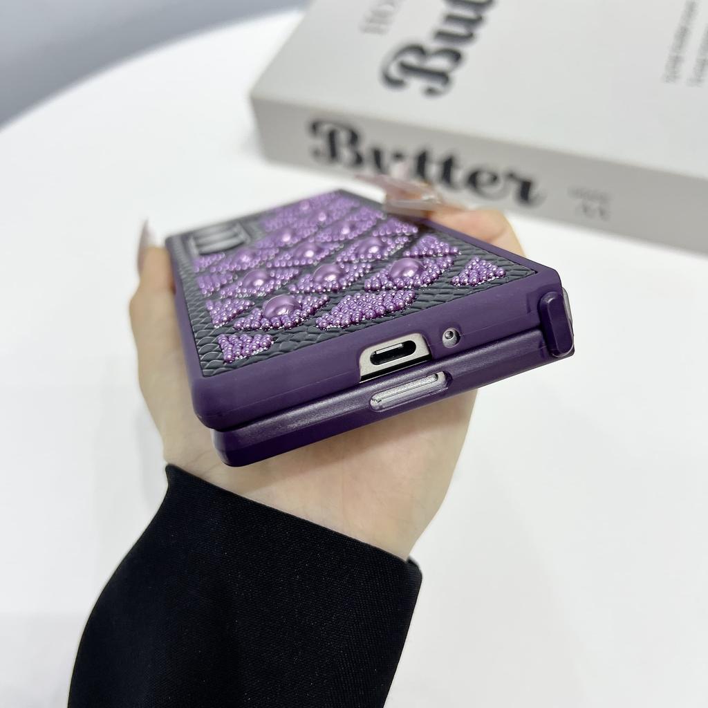 Ударопрочный блестящий чехол для Samsung Galaxy Z Fold3 Fold4 Fold5 Fold6 Pearl Droplets & Diamond Grid & Защита от падений военного уровня