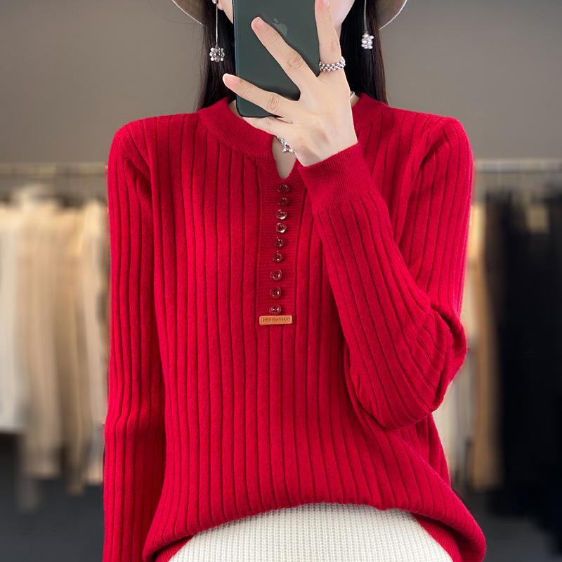 Женский облегающий трикотажный пуловер с длинным рукавом и круглым вырезом на пуговицах, осень 2023