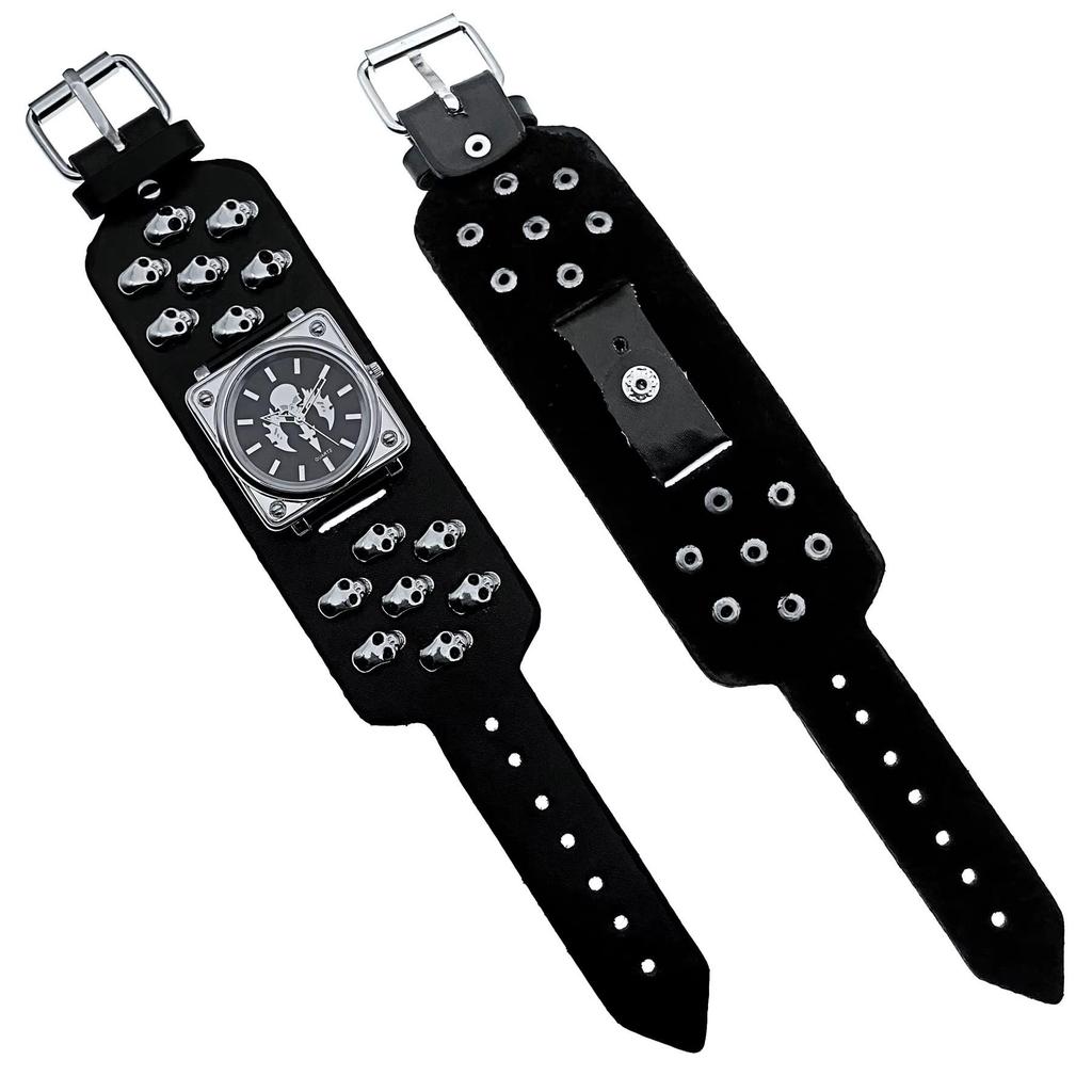 Роскошные часы с квадратным циферблатом, металлическим черепом, в стиле стрит-панк, рок, готика, винтаж, ретро, кварцевые, с ремешком из ПУ кожи, мужской браслет-манжета на Хэллоуин