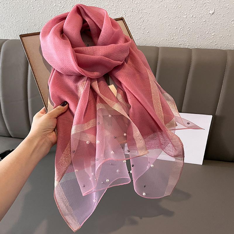 Spring/Summer Comfortable Imitation Silk Print Wraps Elegant Breathable Beaded Scarf for Women Casual Classic Breathable Shawl