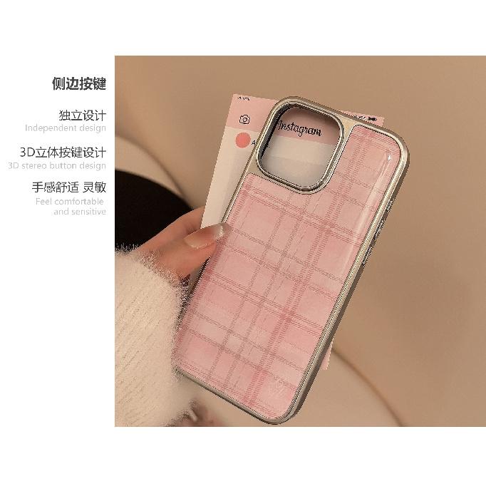 Pink plaid suitable for iPhone 16, 17 Pro Max, 14, 13, 15, Korean sweet style, Huawei hard case