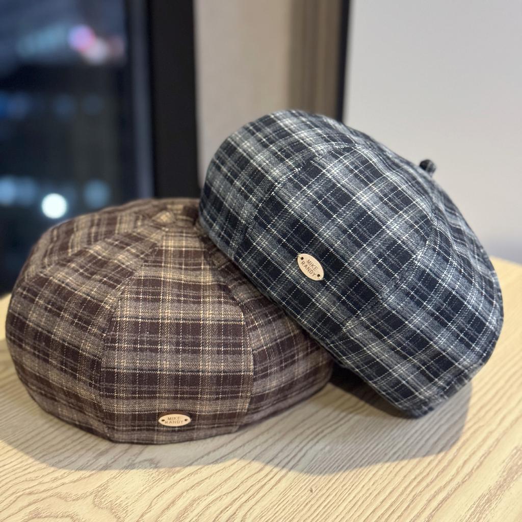 Корейская версия простой маленькой клетчатой беретки для литературных женщин, ретро, на каждый день, шляпа художника, большой обхват головы, шляпа-тыква