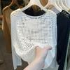 Sunscreen Cover Up Round Neck Long Sleeve Solid Color Knitting Tops Loose Fit Hollow Knitted Design Casual Tops