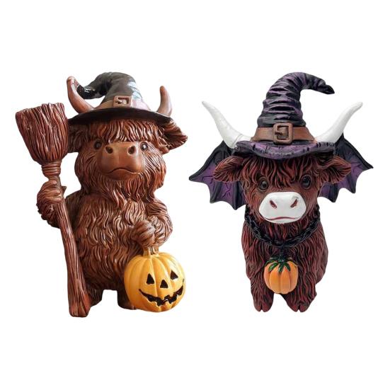 2Pcs Halloween Highland Cow Resin Figurine Wizard Hat Pumpkin Broom