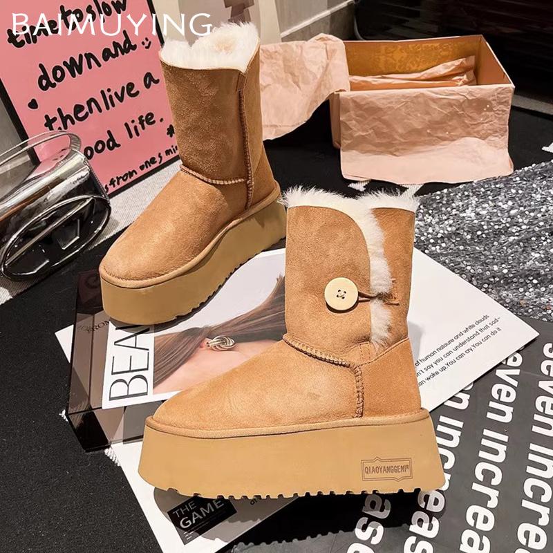 Замшевые женские зимние ботильоны на платформе, меховые короткие плюшевые туфли на среднем каблуке из хлопка, тренд 2025 года, зимние теплые повседневные нескользящие ботинки Mujer