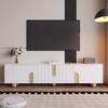 White TV cabinet 180 cm, 4 doors, elegant design, marble-look surface, spherical wooden feet