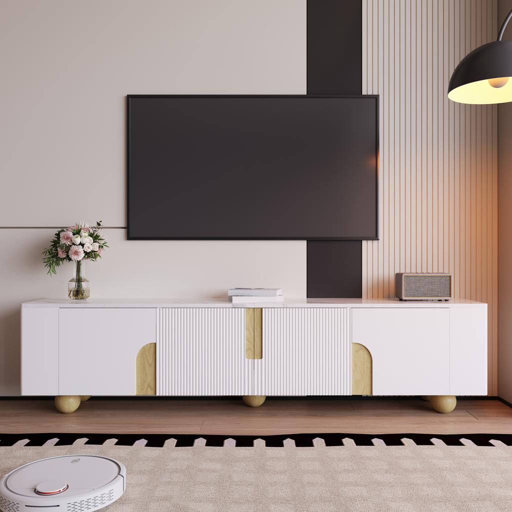 White TV cabinet 180 cm, 4 doors, elegant design, marble-look surface, spherical wooden feet