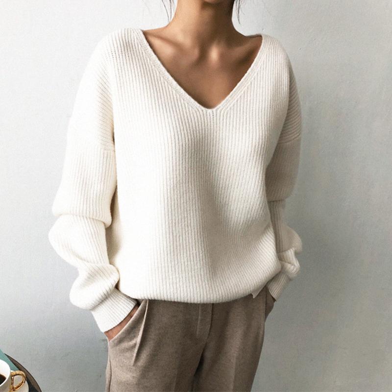 Свитер с v-образным вырезом, свободный простой пуловер с неровным краем, вязаный топ для женщин