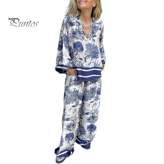 2 Pcs/Set T-shirt Pants Set Floral Print V Neck Long Sleeve Bohemian Striped Top Wide Leg Elastic Waist Pockets Trousers Lady Casual Clothes