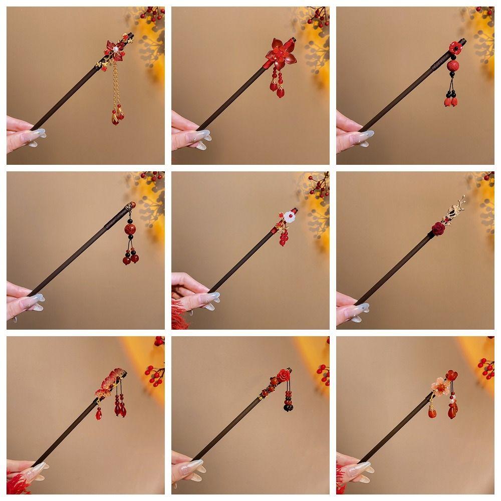 Flower Wooden Hair Stick Tassel Hanfu Hairpin Classical Cheongsam Accessories
