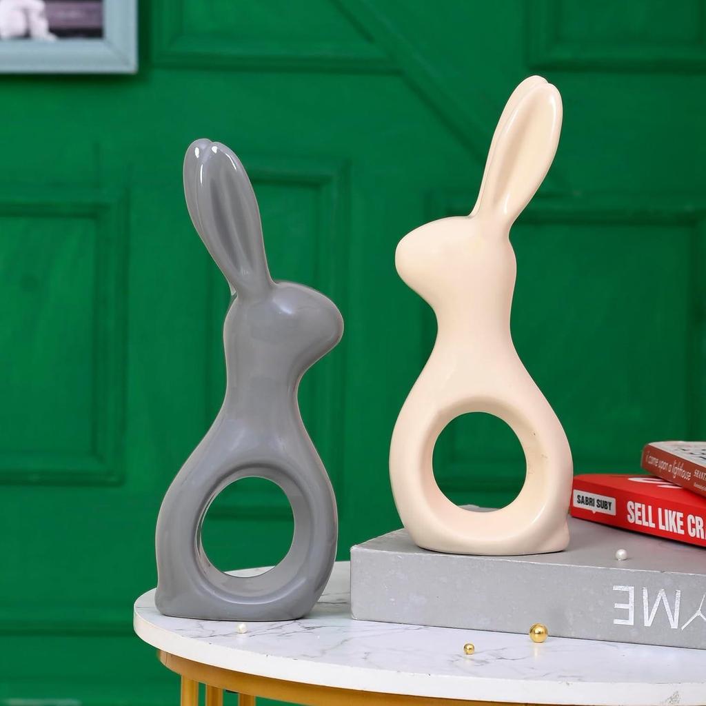 Adorable Resin Home Decor Rabbit Pair (Pack of 2, Grey & Off White)