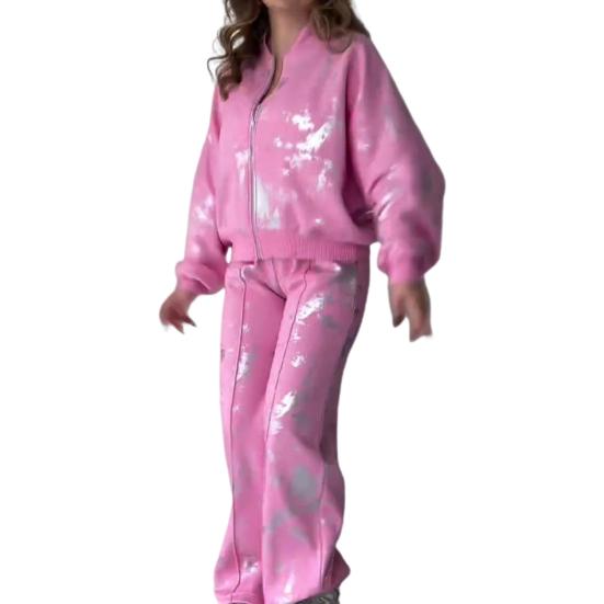 2 шт./компл. женский костюм с воротником-стойкой на молнии с длинными рукавами эластичные манжеты с блестками пальто с эластичной резинкой на талии толстые широкие брюки осенне-зимний спортивный костюм