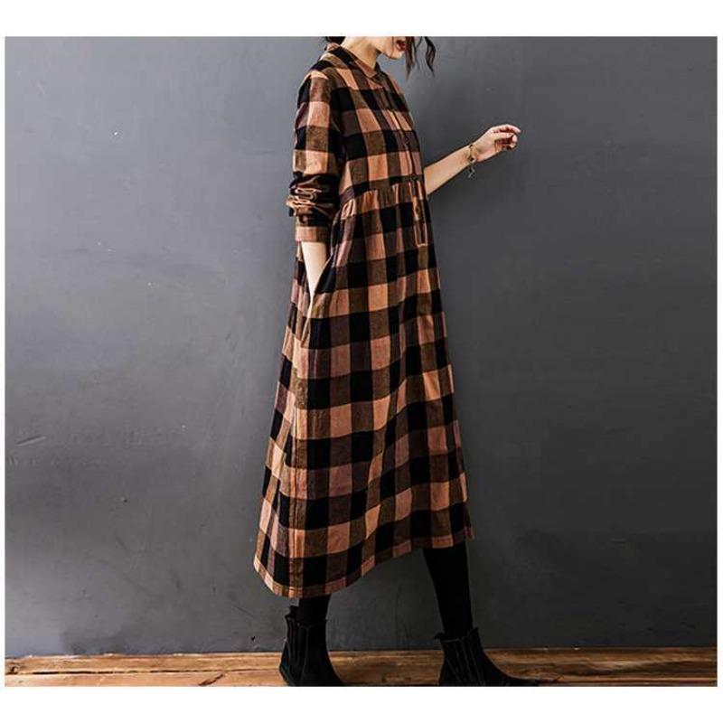 Women's Loose Spliced Cotton Linen Long Sleeved Dress