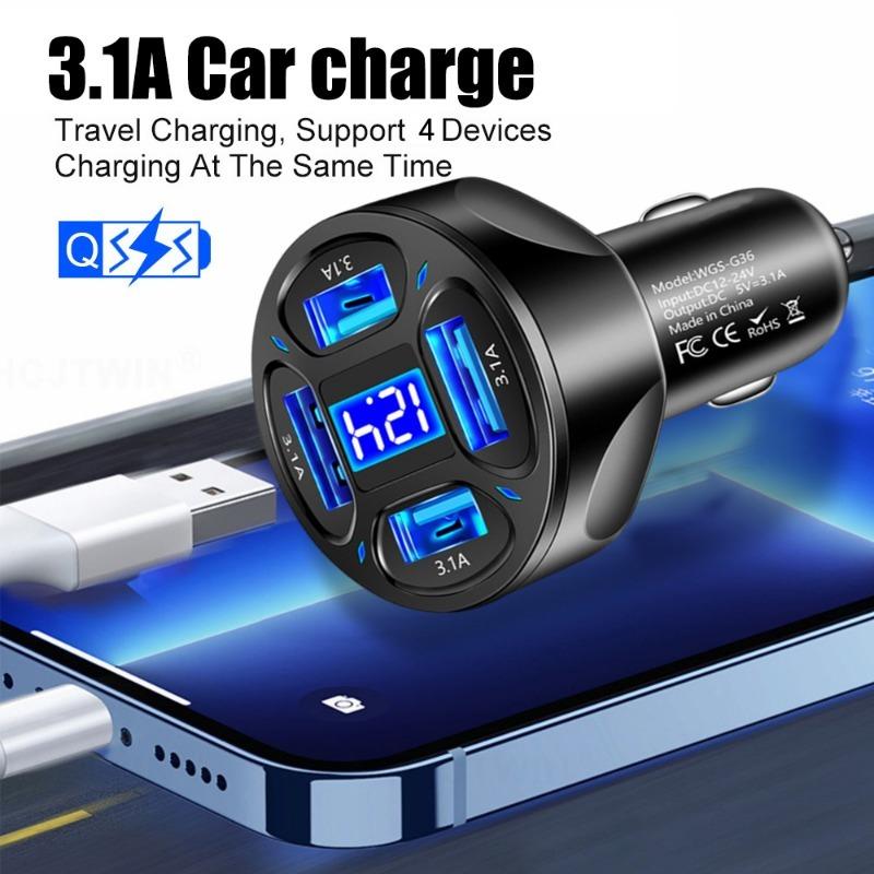 4 In 1 USB Car Charger 3.1A 12-24V Digital Display Car Mobile Phone Charger Adapter Car Charger for IPhone 14 13 Xiaomi Samsung