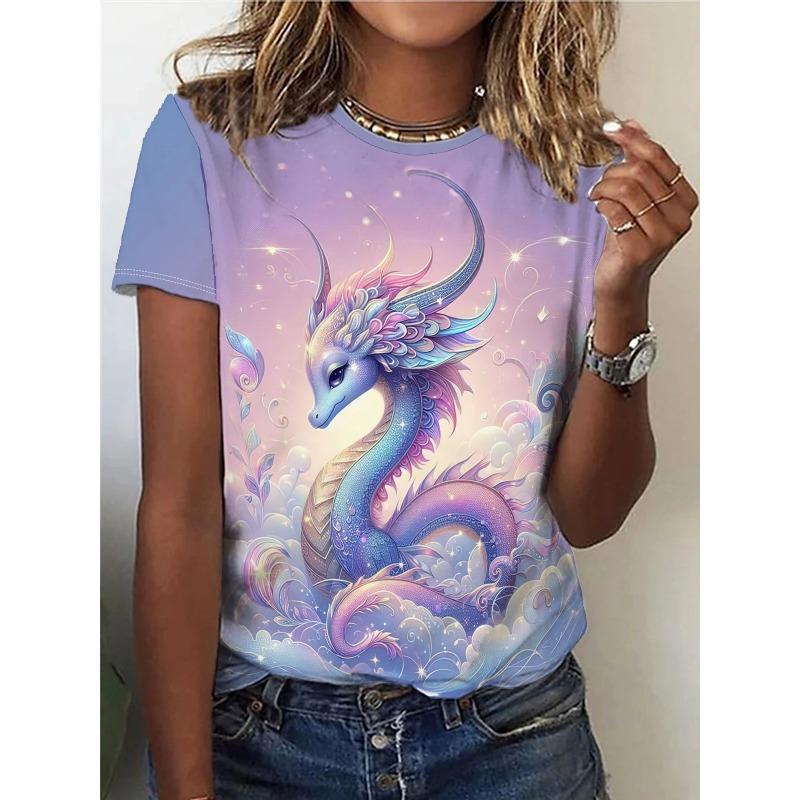 Summer Round Neck 3D Phoenix Dragon Pattern Printed Top Fashionable Casual Short Sleeved Women's T-shirt